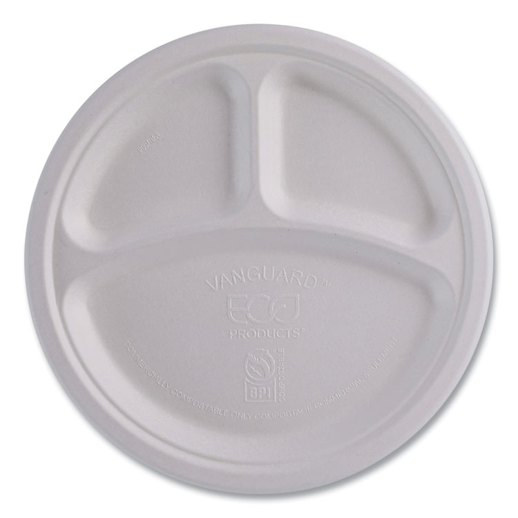 Eco-Products Vanguard Renewable and Compostable Sugarcane Plates, 3-Compartment Plate, 10" dia, White, 500/Carton (ECOEPP007NFA)