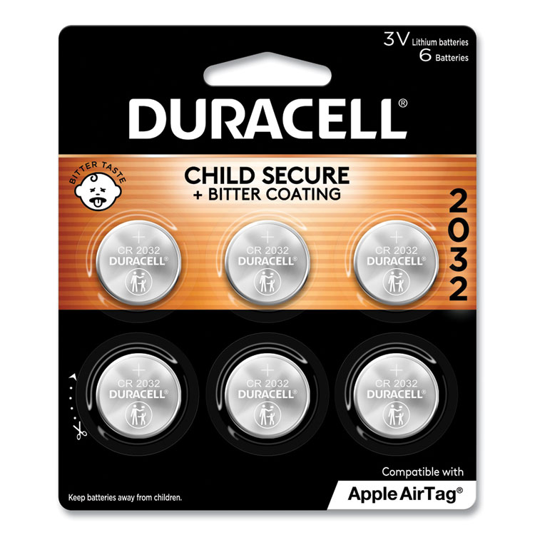 Duracell Lithium Coin Batteries With Bitterant, 2032, 6/Pack (DURDL2032B6PK)