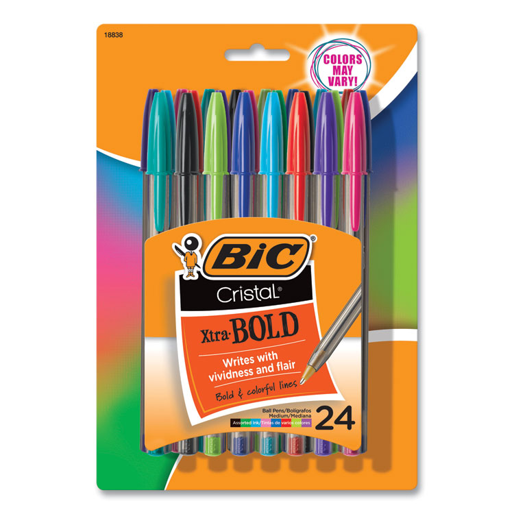 BIC Cristal Xtra Bold Ballpoint Pen, Stick, Bold 1.6 mm, Randomly Assorted Ink and Barrel Colors, 24/Pack (BICMSBAPP241AST)