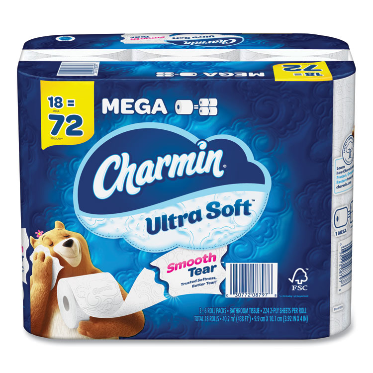 Charmin Ultra Soft Bathroom Tissue, Mega Roll, Septic Safe, 2-Ply, White, 224 Sheets/Roll, 18 Rolls/Carton (PGC08797)