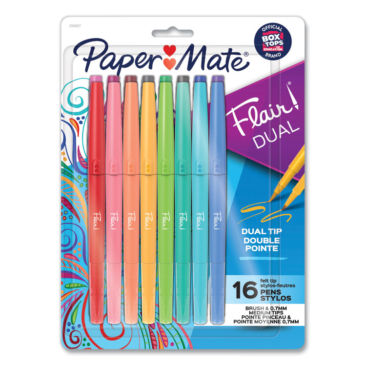 Paper Mate Flair Dual Porous Point Pen, Stick, Medium 0.7 mm Bullet, Pressure-Sensitive Brush, Assorted Ink and Barrel Colors, 16/Pack (PAP2181607)