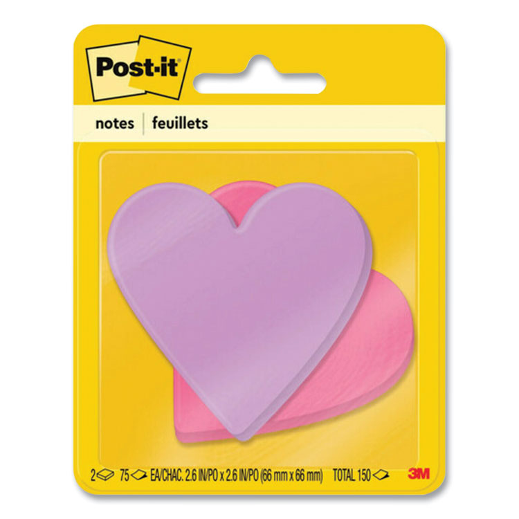 Post-it Notes Die-Cut Heart Shaped Notepads, 3" x 3", Pink/Purple, 75 Sheets/Pad, 2 Pads/Pack (MMM7350HRT)