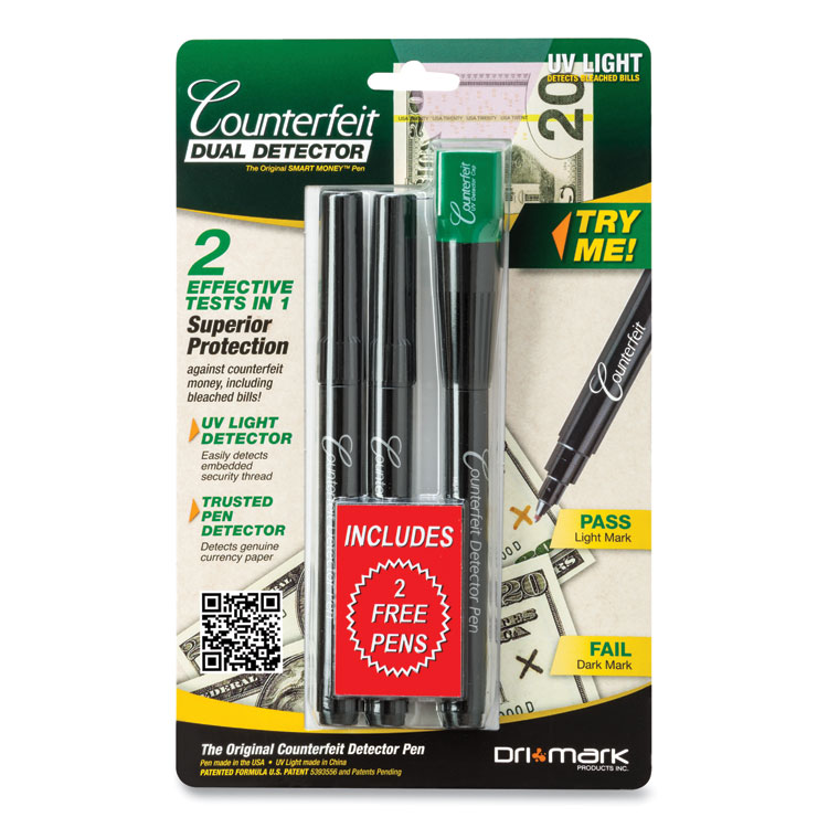 Dri-Mark Smart Money Counterfeit Detector Pen with Reusable UV LED Light, U.S.; Most Foreign Currencies, Black (DRI351UVB)