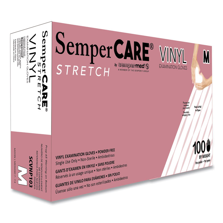 SemperCare Stretch Vinyl Examination Gloves, Powder-Free, Medium, 5 mil Thick, 9.45" Long, Cream, 100/Box (SEZSCVNP103BX)