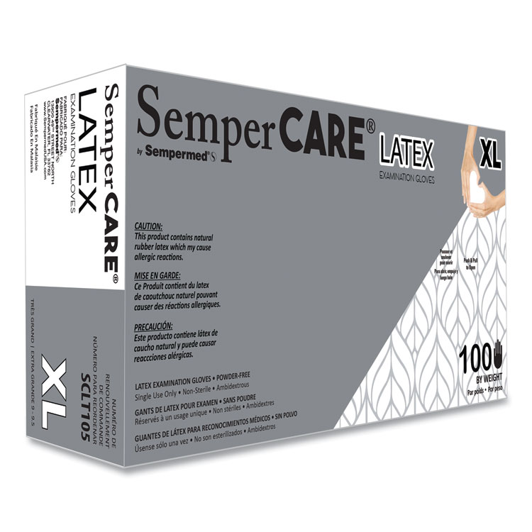 SemperCare Latex Examination Gloves, Powder-Free, X-Large, 5 mil Thick, 9.45" Long, Cream, 100/Box (SEZSCLT105BX)