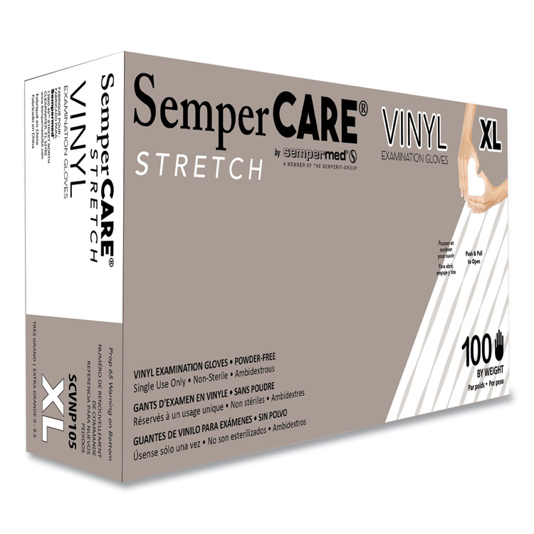 SemperCare Stretch Vinyl Examination Gloves, Powder-Free, X-Large, 5 mil Thick, 9.45" Long, Cream, 100/Box (SEZSCVNP105BX)