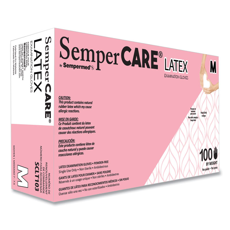 SemperCare Latex Examination Gloves, Powder-Free, Medium, 5 mil Thick, 9.45" Long, Cream, 100/Box, 10 Boxes/Carton (SEZSCLT103)