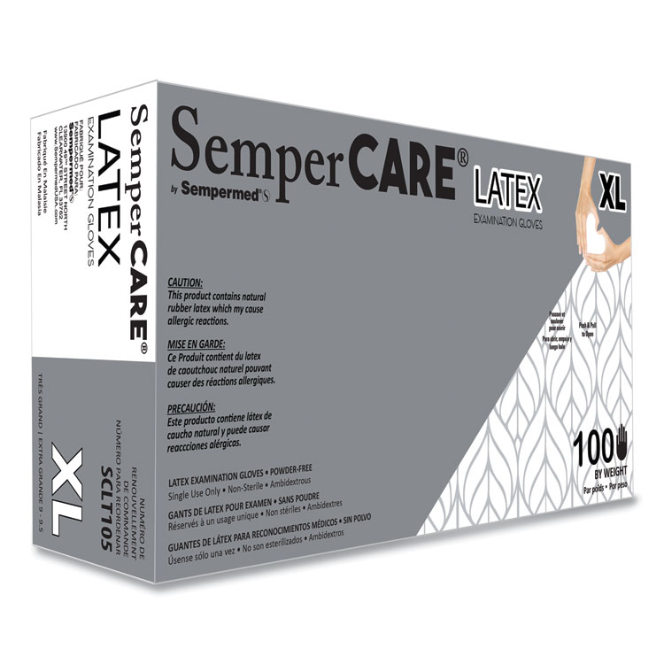 SemperCare Latex Examination Gloves, Powder-Free, X-Large, 5 mil Thick, 9.45" Long, Cream, 100/Box, 10 Boxes/Carton (SEZSCLT105)