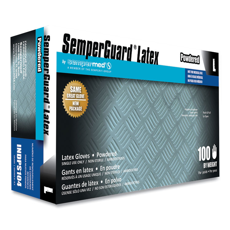 SemperGuard Latex Powdered Gloves, Large, 4 mil Thick, 9.45" Long, Cream, 100/Box (SEZINDPS104BX)
