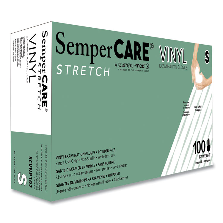 SemperCare Stretch Vinyl Examination Gloves, Powder-Free, Small, 5 mil Thick, 9.45" Long, Cream, 100/Box (SEZSCVNP102BX)