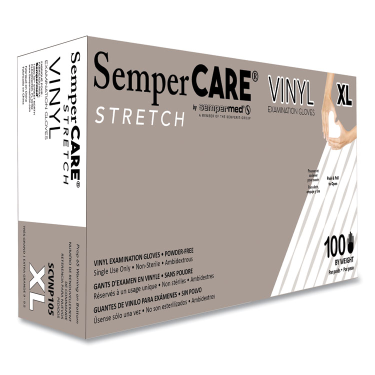 SemperCare Stretch Vinyl Examination Gloves, Powder-Free, X-Large, 5 mil Thick, 9.45" Long, Cream, 100/Box, 10 Boxes/Carton (SEZSCVNP105)