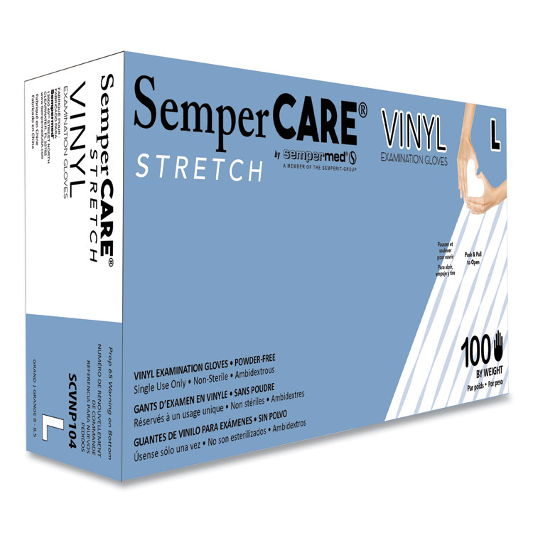 SemperCare Stretch Vinyl Examination Gloves, Powder-Free, Large, 5 mil Thick, 9.45" Long, Cream, 100/Box (SEZSCVNP104BX)