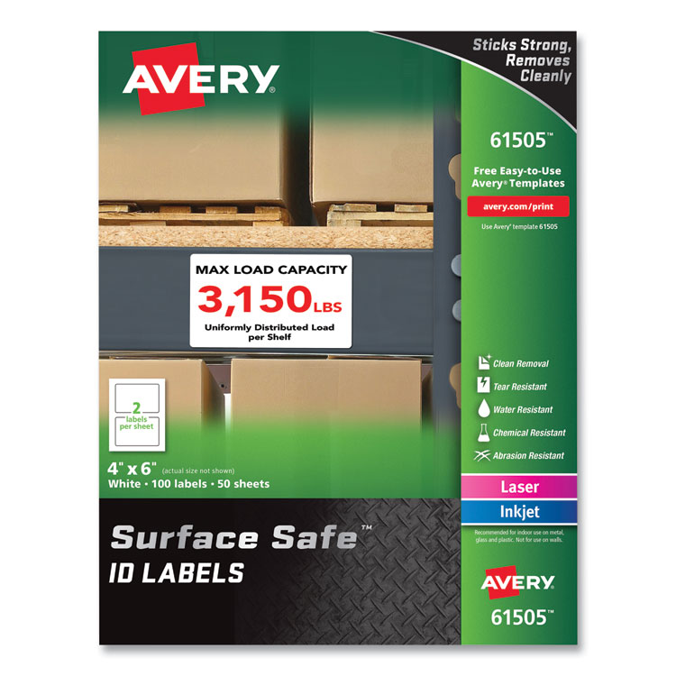 Avery Surface Safe ID Labels, 4 x 6, White, 2/Sheet, 50 Sheets/Box (AVE61505)