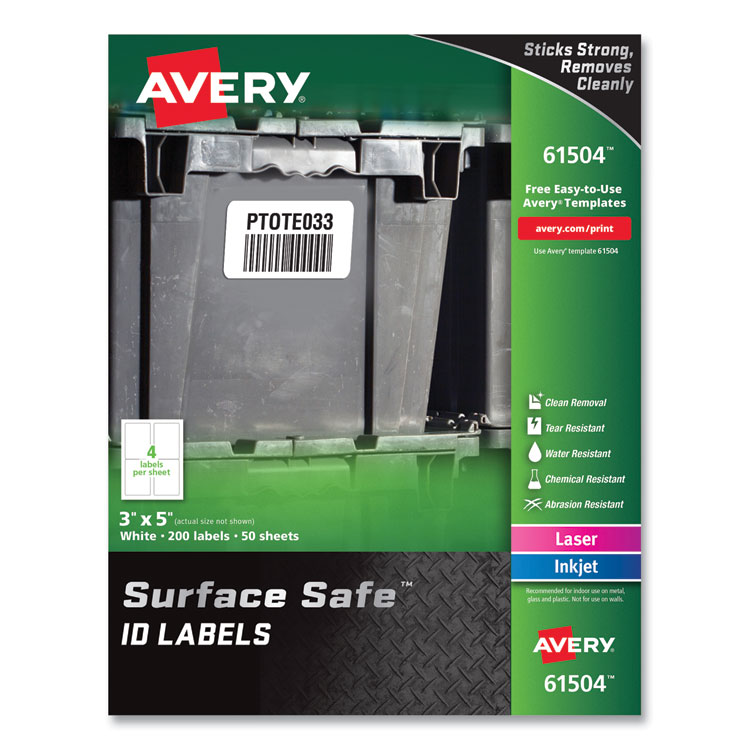 Avery Surface Safe ID Labels, 3 x 5, White, 4/Sheet, 50 Sheets/Box (AVE61504)