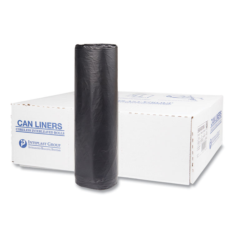 Inteplast Group High-Density Commercial Can Liners, 45 gal, 16 mic, 40" x 48", Black, Interleaved Roll, 25 Bags/Roll, 10 Rolls/Carton (IBSS404816K)