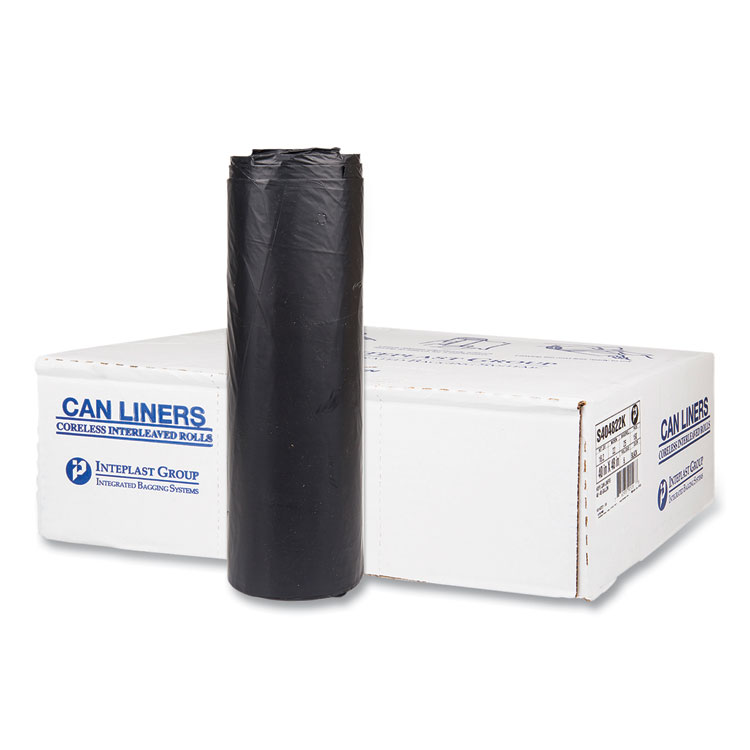 Inteplast Group High-Density Commercial Can Liners, 45 gal, 22 mic, 40" x 48", Black, Interleaved Roll, 25 Bags/Roll, 6 Rolls/Carton (IBSS404822K)