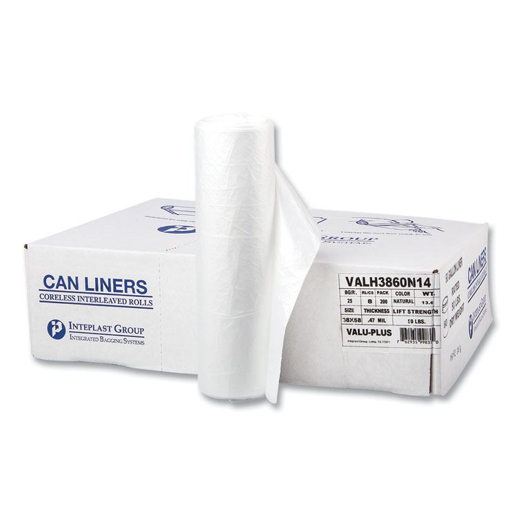 Inteplast Group High-Density Commercial Can Liner Value Pack, 60 gal, 12 mic, 38" x 58", Clear, Interleaved Roll, 25 Bags/Roll, 8 Rolls/CT (IBSVALH3860N14)