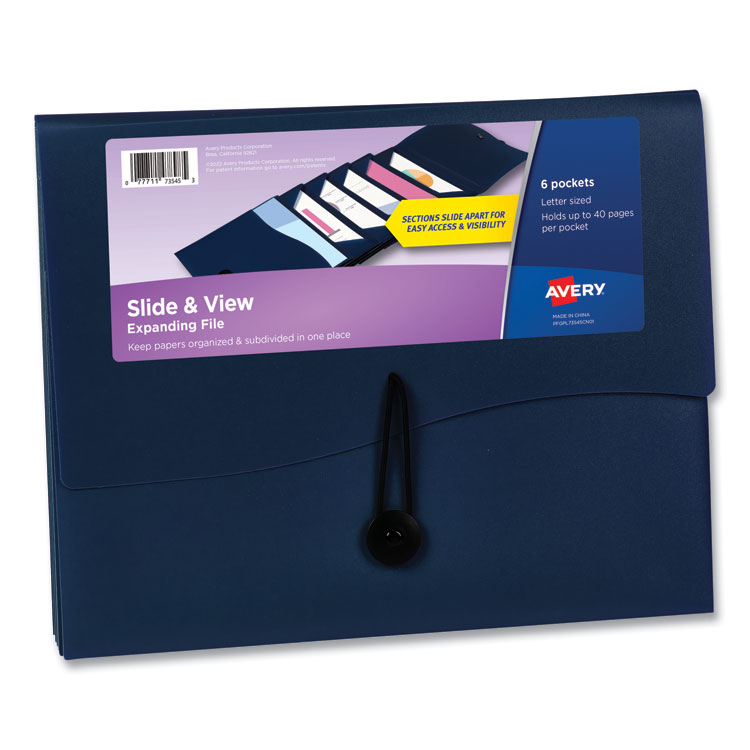 Avery Slide and View Expanding File, 6 Sections, Hook/Loop Closure, Letter Size, Navy Blue (AVE73545)