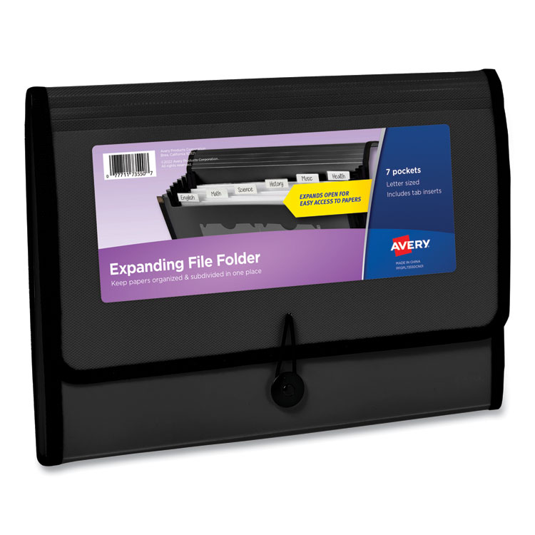 Avery Expanding File Folder Organizer, 7 Sections, Hook/Loop Closure, Letter Size, Black (AVE73550)