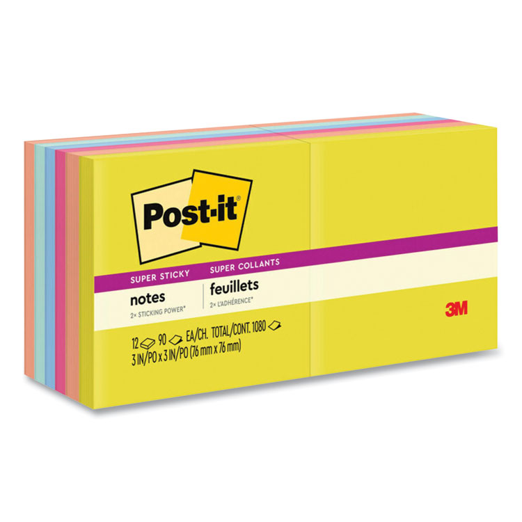 Post-it Notes Super Sticky Note Pads in Summer Joy Collection Colors, 3" x 3", Summer Joy Collection Colors, 90 Sheets/Pad, 12 Pads/Pack (MMM65412SSJOY)