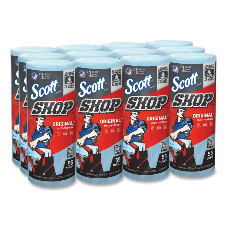 Scott Shop Towels, Standard Roll, 1-Ply, 9.4 x 11, Blue, 55/Roll, 12 Rolls/Carton (KCC75147)