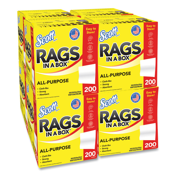 Scott Rags in a Box, POP-UP Box, 12 x 9, White, 200/Box, 8 Boxes/Carton (KCC75260CT)
