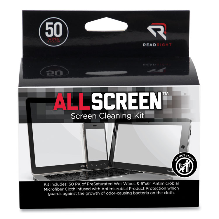 Read Right AllScreen Cleaning Kit with (1) 6 x 6 Microfiber Cloth, (50) 4 x 5 Individually Wrapped Pre-Saturated Wipes, Unscented, White (REARR15039)