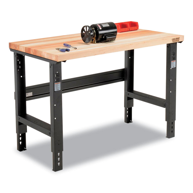 Global Industrial Standard Duty Butcher Block Top Adjustable Height Workbench, 2,000 lbs, 48 x 30 x 30.88 to 36.88, Maple/Black (GBE319076)