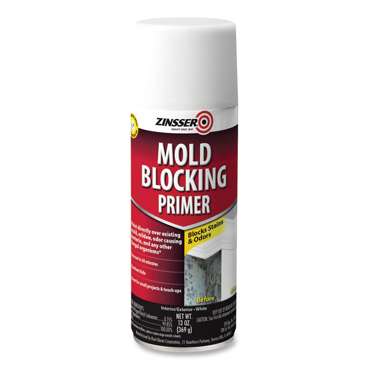 Zinsser Mold Blocking Primer Spray, Interior/Exterior, Flat White, 13 oz Aerosol Can, 6/Carton (RST287512)