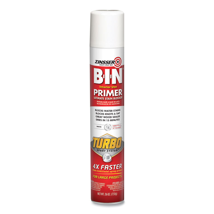 Zinsser BIN Aerosol Primer with Turbo Spray System, Interior, Flat White, 26 oz Aerosol Can, 6/Carton (RST356880)