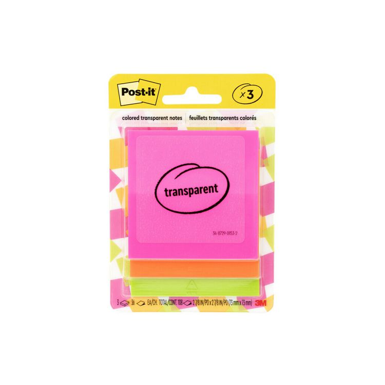 Post-it Transparent Notes, Unruled, 2.88" x 2.88", Assorted Transparent Colors, 36 Sheets/Pad, 3 Pads/Pack (MMM6003COL)