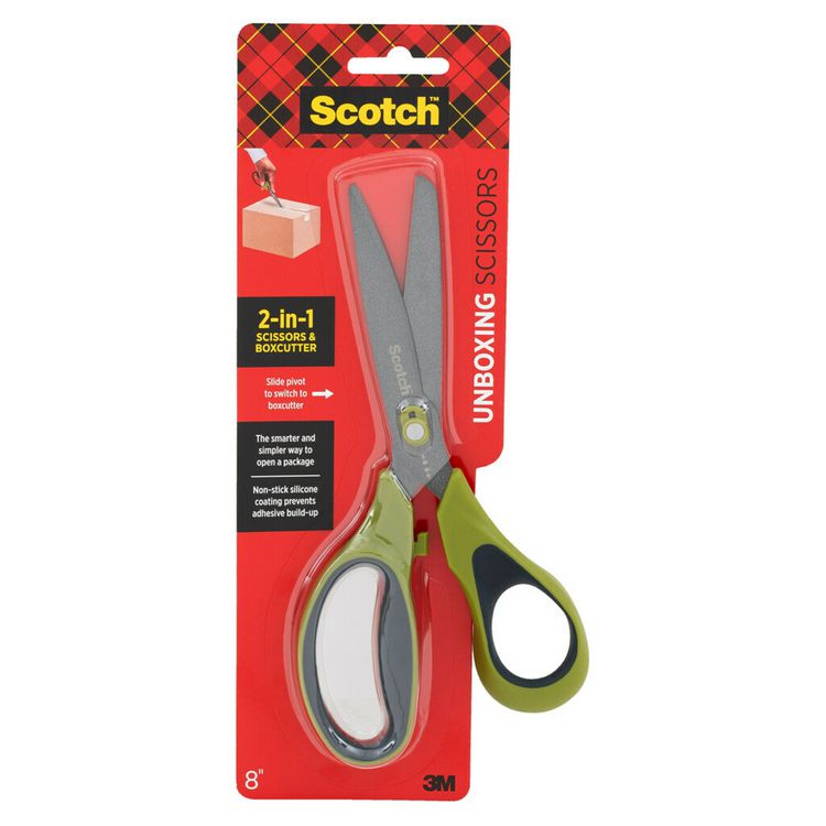 Scotch Non-Stick Unboxing Scissors, 8" Long, 2.7" Cut Length, Straight Green/Black Handle (MMM1488NS)