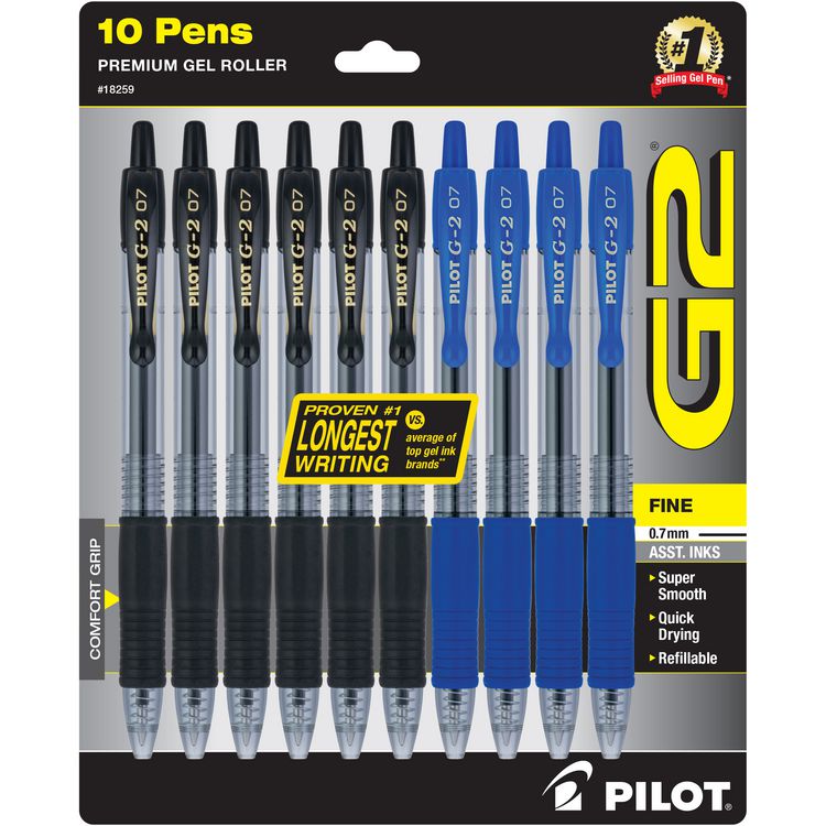 Pilot G2 Premium Gel Pen, Retractable, Fine 0.7 mm, Assorted Ink and Barrel Colors, 10/Pack (PIL18259)