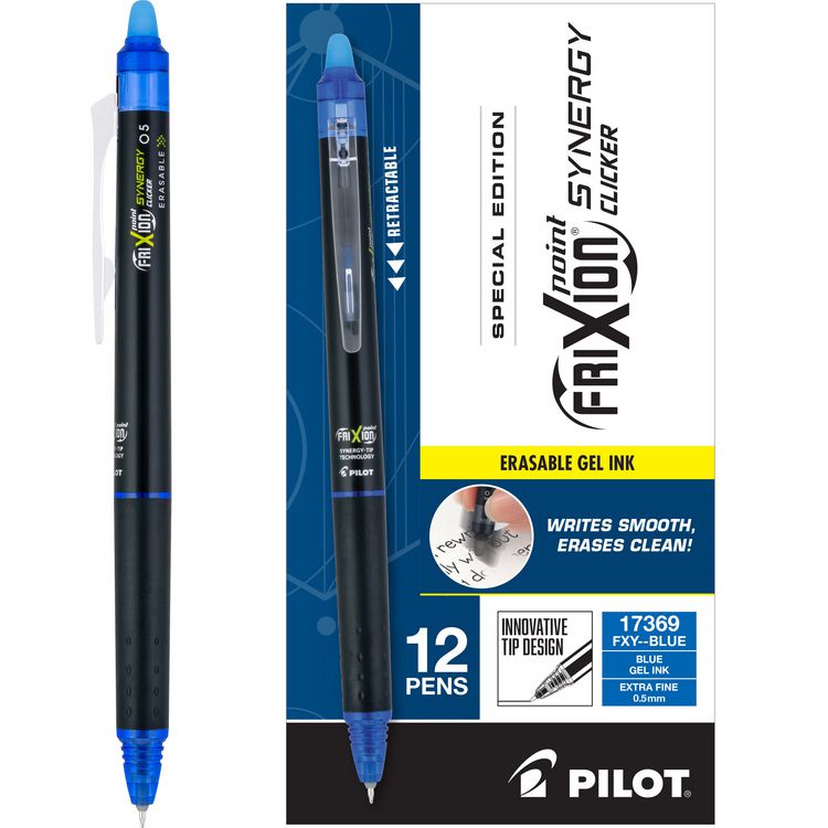 Pilot FriXion Synergy Clicker Erasable Gel Pen, Retractable, Extra-Fine 0.5 mm, Blue Ink, Black/Blue Barrel, Dozen (PIL17369)
