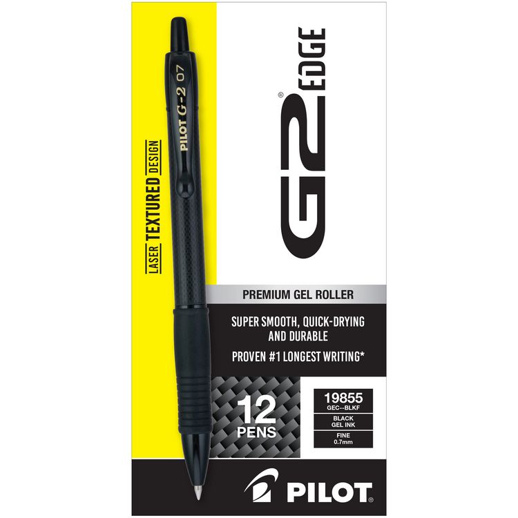 Pilot G2 Edge Premium Gel Pen, Retractable, Fine 0.7 mm, Black Ink, Black Barrel, Dozen (PIL19855)