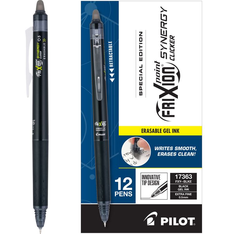Pilot FriXion Synergy Clicker Erasable Gel Pen, Retractable, Extra-Fine 0.5 mm, Black Ink, Black/Smoke Barrel, Dozen (PIL17363)
