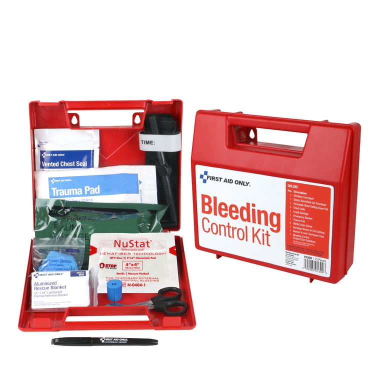 First Aid Only Bleeding Control Wall Station Single Kit - Deluxe, 14 Pieces, Plastic Case (FAO91309)