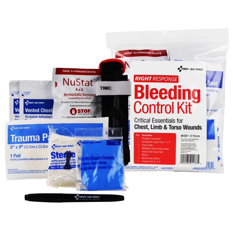 First Aid Only Critical Essentials Bleeding Control Kit for Limb, Chest and Torso Wounds, 11 Pieces, Plastic Bag (FAO91137)