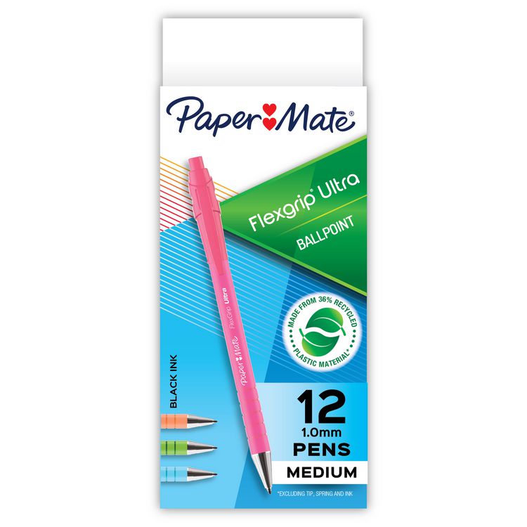 Paper Mate FlexGrip Ultra Recycled Ballpoint Pen, Retractable, Medium 1 mm, Black Ink, Assorted Barrel Colors, Dozen (PAP2204001)