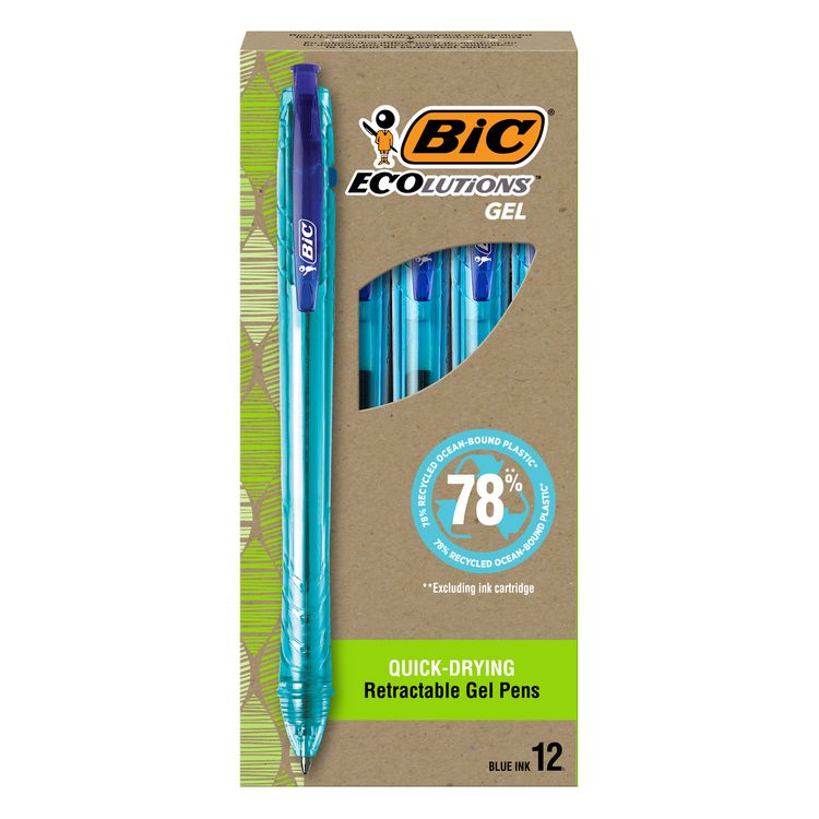 BIC Ecolutions Gel Pen, Retractable, Medium 1 mm, Blue Ink, Blue Barrel, Dozen (BICRGLE11BE)