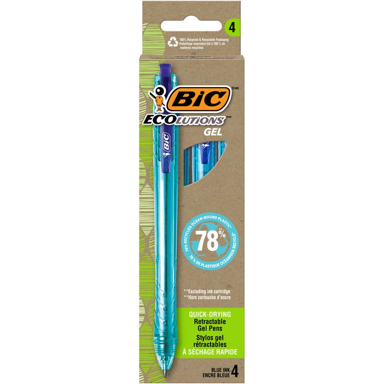 BIC Ecolutions Gel Pen, Retractable, Medium 1 mm, Blue Ink, Blue Barrel, 4/Pack (BICRGLE4BE)