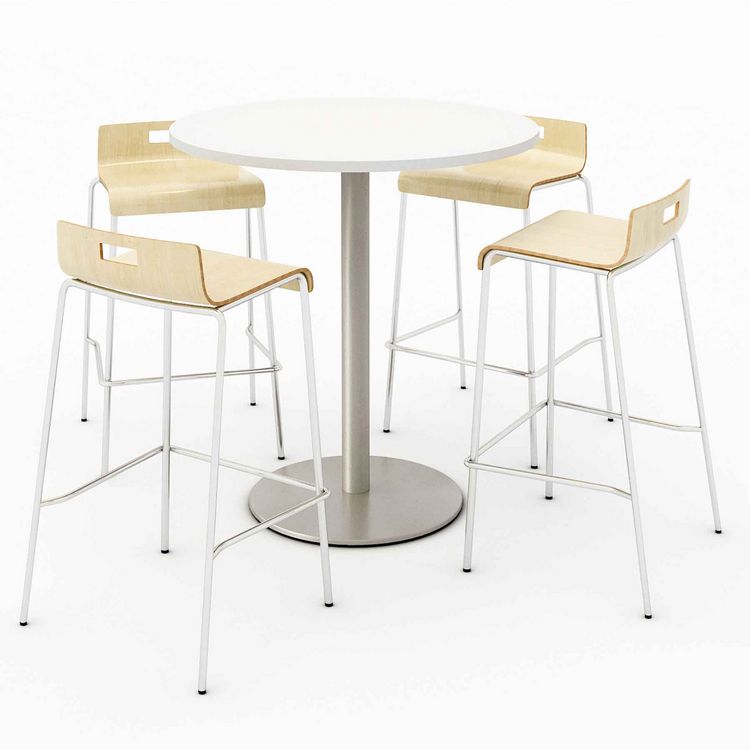 KFI Studios Pedestal Bistro Table with Four Natural Jive Series Barstools, Round, 36" Dia x 41h, Designer White (KFI840031900104)