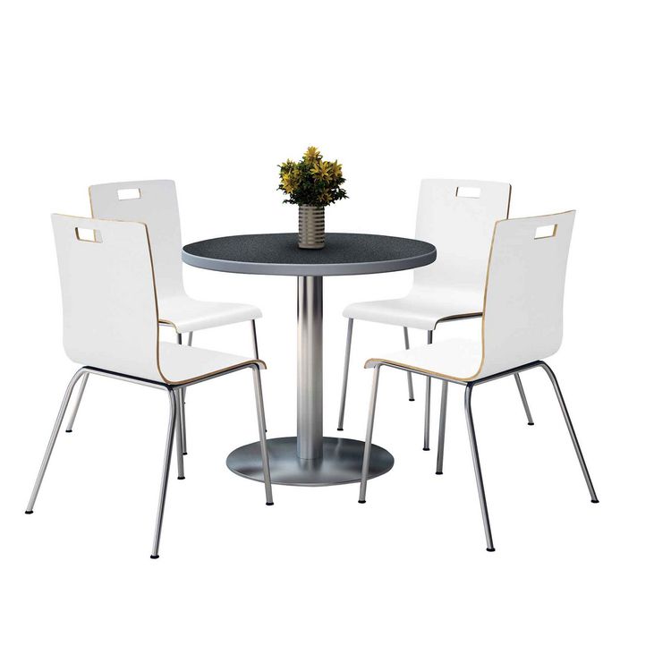 KFI Studios Pedestal Table with Four White Jive Series Chairs, Round, 36" Dia x 29h, Graphite Nebula (KFI810389025026)