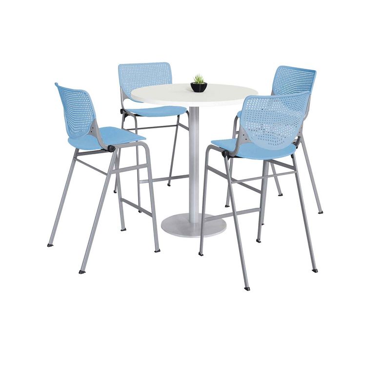 KFI Studios Pedestal Bistro Table with Four Sky Blue Kool Series Barstools, Round, 36" Dia x 41h, Designer White (KFI811774037143)