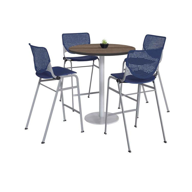 KFI Studios Pedestal Bistro Table with Four Navy Kool Series Barstools, Round, 36" Dia x 41h, Studio Teak (KFI811774037266)