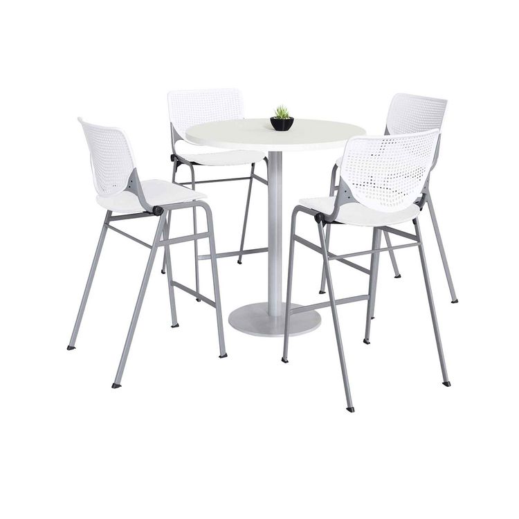 KFI Studios Pedestal Bistro Table with Four White Kool Series Barstools, Round, 36" Dia x 41h, Designer White (KFI811774037075)