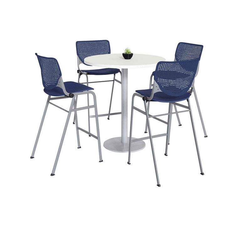 KFI Studios Pedestal Bistro Table with Four Navy Kool Series Barstools, Round, 36" Dia x 41h, Designer White (KFI811774037051)