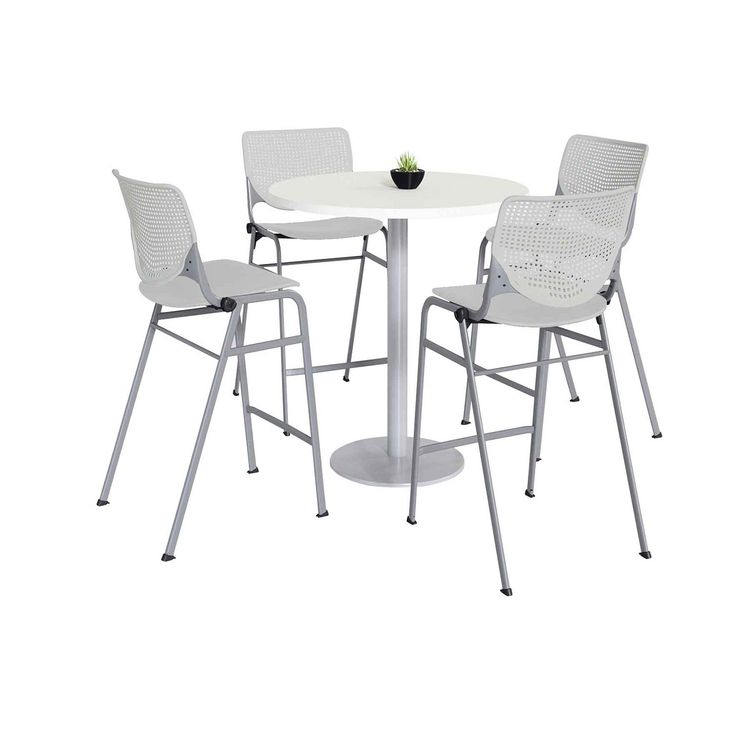 KFI Studios Pedestal Bistro Table with Four Light Gray Kool Series Barstools, Round, 36" Dia x 41h, Designer White (KFI811774037105)