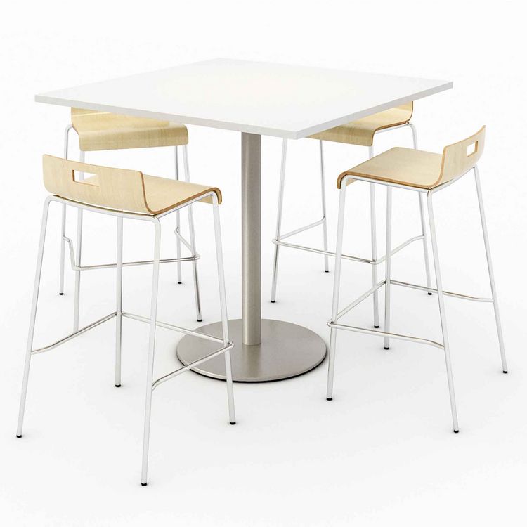 KFI Studios Pedestal Bistro Table with Four Natural Jive Series Barstools, Square, 36 x 36 x 41, Designer White (KFI811774039895)