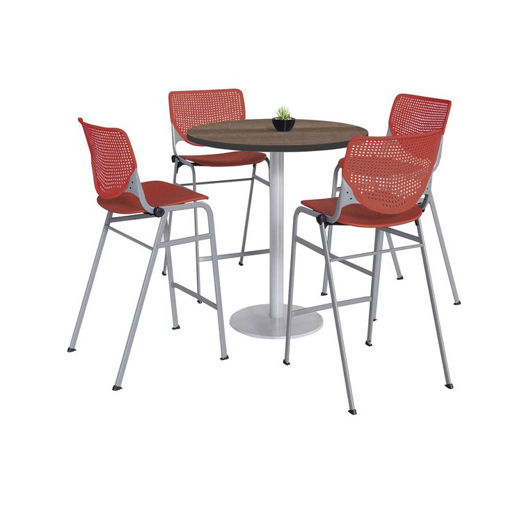 KFI Studios Pedestal Bistro Table with Four Coral Kool Series Barstools, Round, 36" Dia x 41h, Studio Teak (KFI811774037303)